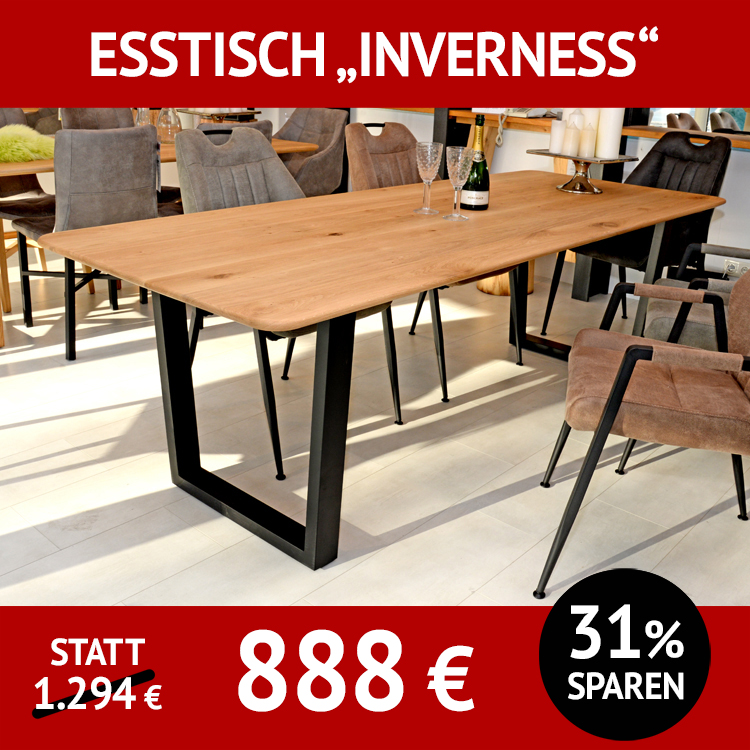 Esstisch INVERNESS + ULRIKA, Tischplatte aus massiver Wildeiche, Untergestell aus schwarzem Metall