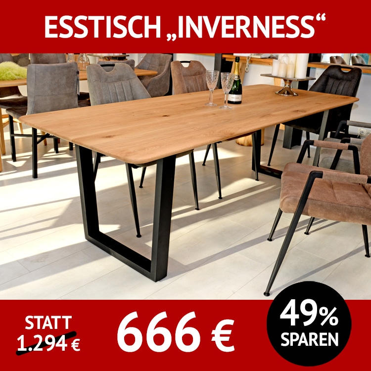 Esstisch INVERNESS + ULRIKA, Tischplatte aus massiver Wildeiche, Untergestell aus schwarzem Metall