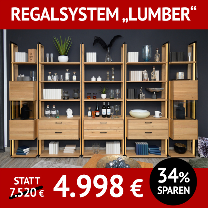 Stauraum-Regalwand LUMBER, Eiche massiv, roheffekt geölt, Front- und Rückwandbeleuchtung, Schubladen und Schränke Stauraum-Regalwand LUMBER, Eiche massiv, roheffekt geölt, Front- und Rückwandbeleuchtung, Schubladen und Schränke