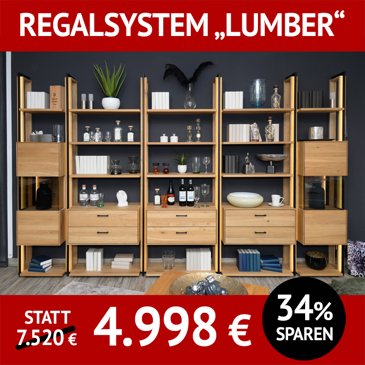 Stauraum-Regalwand LUMBER, Eiche massiv, roheffekt geölt, Front- und Rückwandbeleuchtung, Schubladen und Schränke