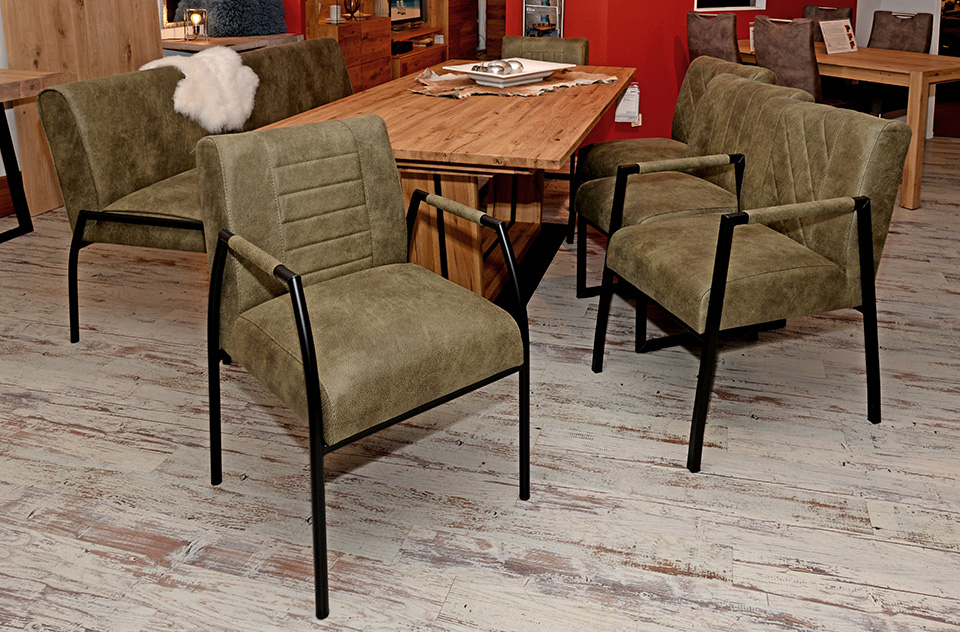 Stuhl, Esszimmerbank und Stühle MARS als Sitzgruppe, Metall Untergestell, Bezug Mikrofaser, jeder Stuhl mit unterschiedlicher Steppung