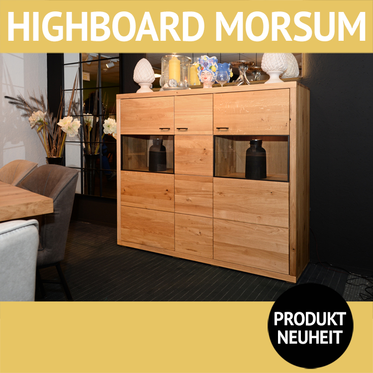 Wohnzimmerschränke MORSUM, Highboard, Wildeiche massiv mit schwarzen Griffen