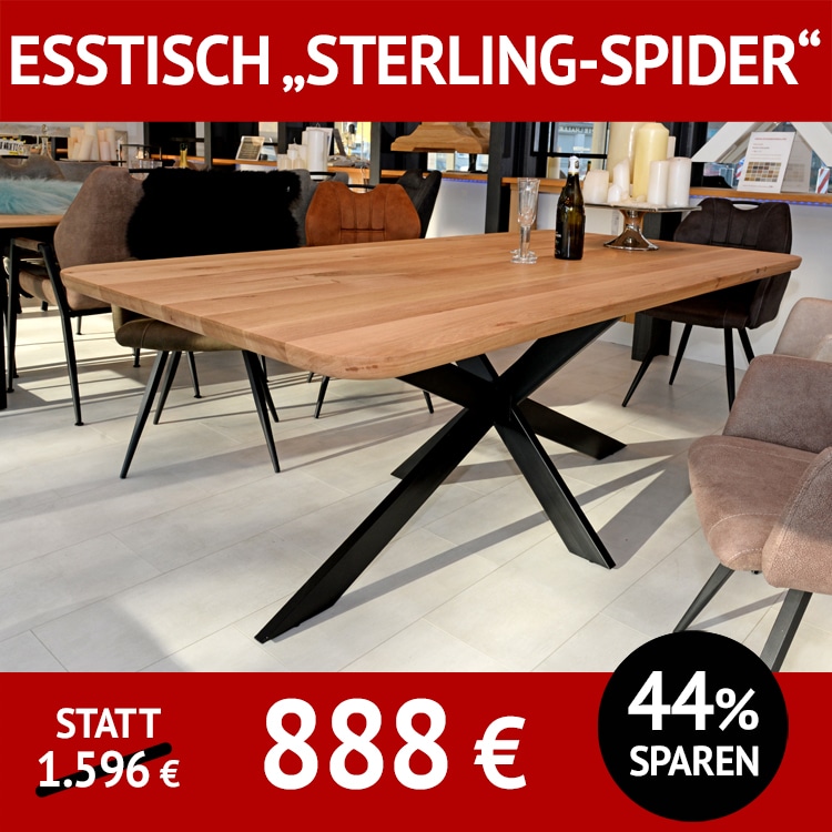 Esstisch STERLING + SPIDER180, Massivholzplatte Wildeiche mit breiten Lamellen und Metalluntergestell