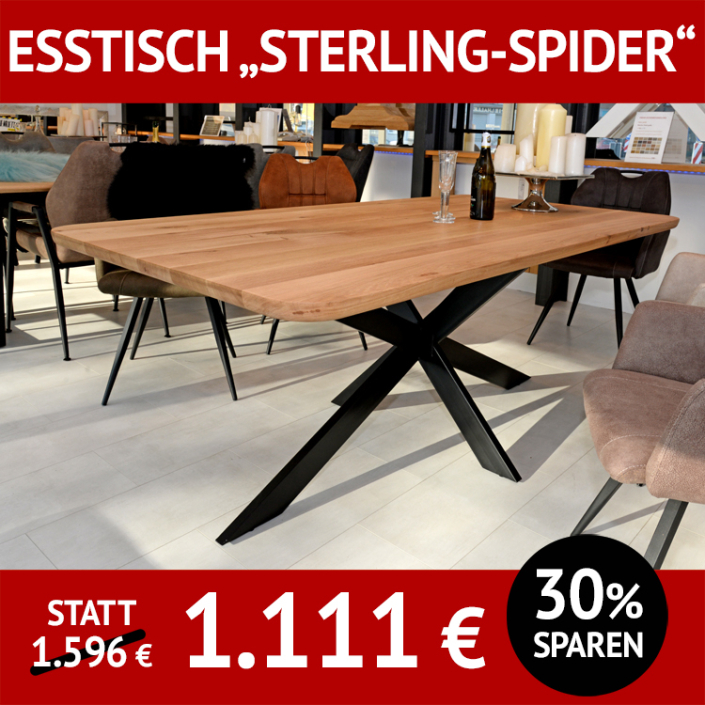 Esstisch STERLING + SPIDER180, Massivholzplatte Wildeiche mit breiten Lamellen und Metalluntergestell Esstisch STERLING + SPIDER180, Massivholzplatte Wildeiche mit breiten Lamellen und Metalluntergestell
