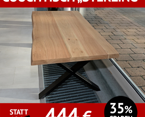 Couchtisch STERLING + XAVERIA, Tischplatte mit natürlicher Baumkante, Wildeiche massiv, Roheffekt geölt, Untergestell aus schwarzem Metall