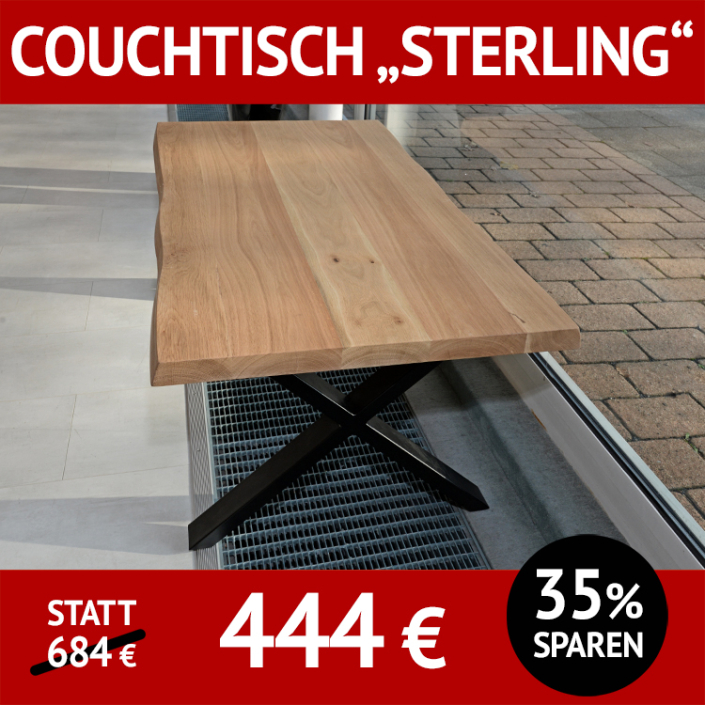 Couchtisch STERLING + XAVERIA, Tischplatte mit natürlicher Baumkante, Wildeiche massiv, Roheffekt geölt, Untergestell aus schwarzem Metall Couchtisch STERLING + XAVERIA, Tischplatte mit natürlicher Baumkante, Wildeiche massiv, Roheffekt geölt, Untergestell aus schwarzem Metall