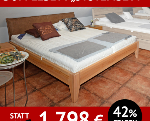 Bett SYSTEMBETT, Massivholz Kernbuche, Doppelbett mit Nachtkonsolen, Normalhöhe 39 cm, Kopfteil Leder braun