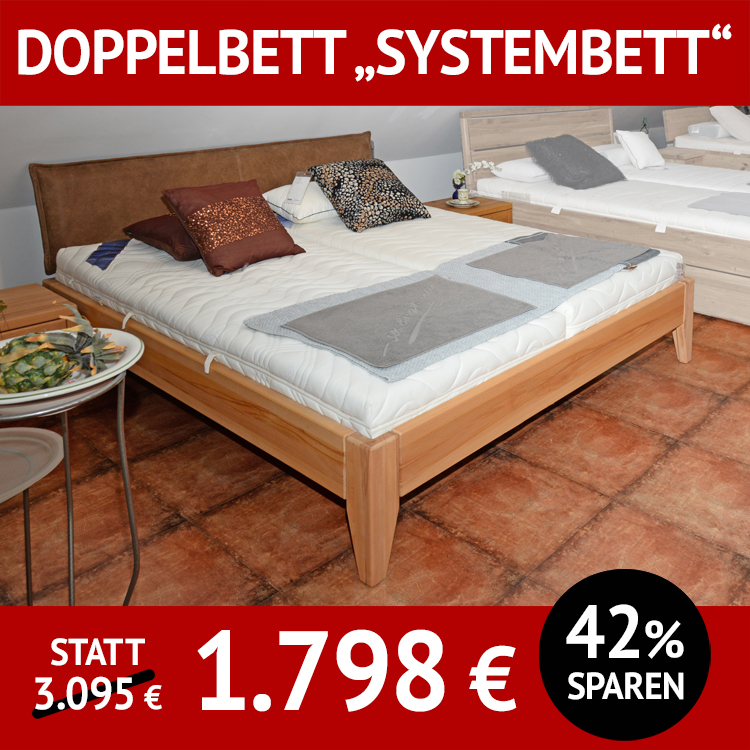 Bett SYSTEMBETT, Massivholz Kernbuche, Doppelbett mit Nachtkonsolen, Normalhöhe 39 cm, Kopfteil Leder braun