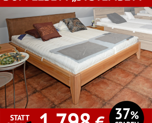 Bett SYSTEMBETT, Massivholz Kernbuche, Doppelbett mit Nachtkonsolen, Normalhöhe 39 cm, Kopfteil Leder braun