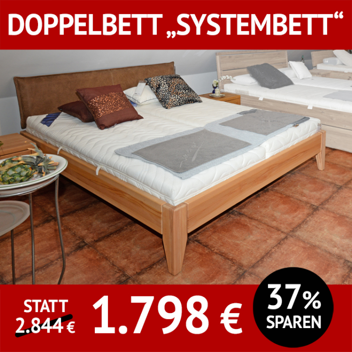 Bett SYSTEMBETT, Massivholz Kernbuche, Doppelbett mit Nachtkonsolen, Normalhöhe 39 cm, Kopfteil Leder braun Bett SYSTEMBETT, Massivholz Kernbuche, Doppelbett mit Nachtkonsolen, Normalhöhe 39 cm, Kopfteil Leder braun