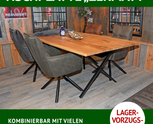 Esstischplatte mit Baumkante, Massivholzplatte ZERMATT, Tischuntergestell XAVER, Rohstahl, schwarz pulverbeschichtet,