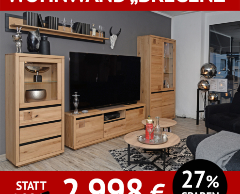 Wohnzimmerschränke Bregenz Wohnwand 4-teilig, Wildeiche massiv, incl. Beleuchtung