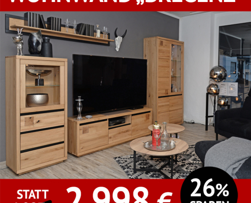 Wohnzimmerschränke Bregenz Wohnwand 4-teilig, Wildeiche massiv, incl. Beleuchtung