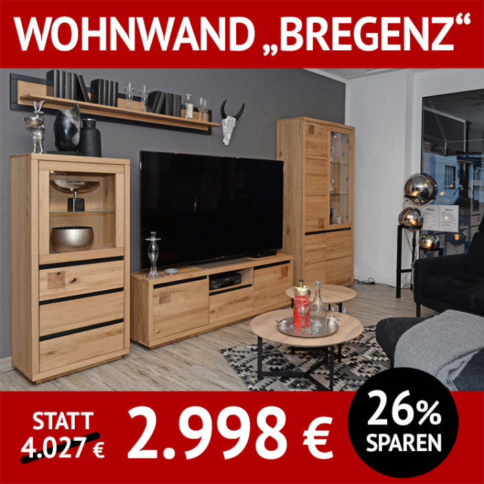 Wohnzimmerschränke Bregenz Wohnwand 4-teilig, Wildeiche massiv, incl. Beleuchtung Wohnzimmerschränke Bregenz Wohnwand 4-teilig, Wildeiche massiv, incl. Beleuchtung
