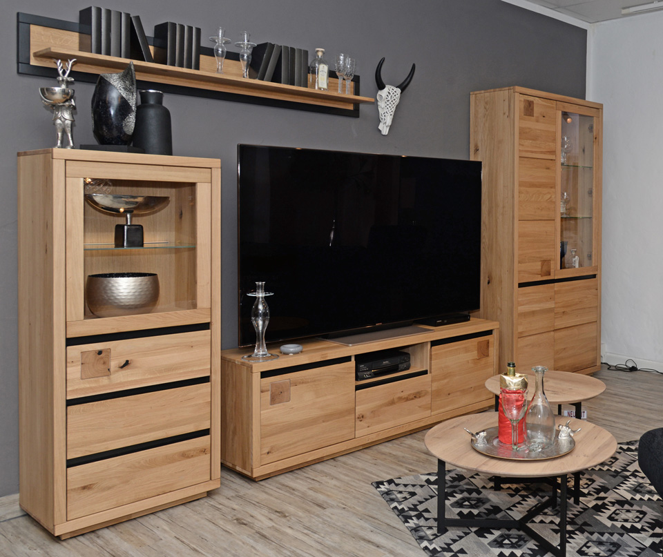 Wohnzimmerschränke Bregenz Wohnwand 4-teilig, Wildeiche massiv, incl. Beleuchtung