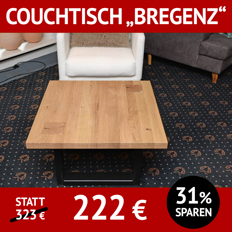 Couchtisch aus Massivholz BREGENZ, Wildeiche mit Hirnholzapplikation