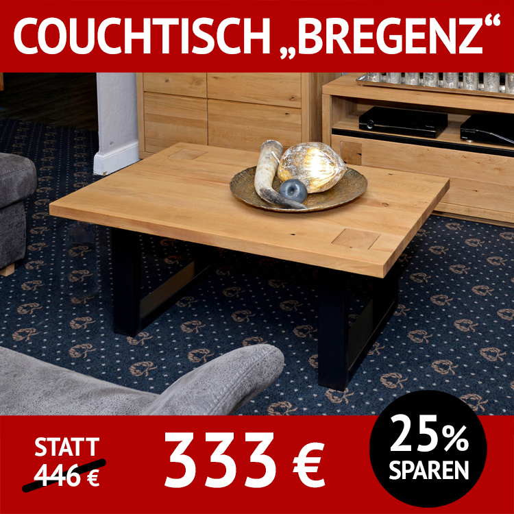 Couchtisch aus Massivholz BREGENZ, Wildeiche mit Hirnholzapplikation