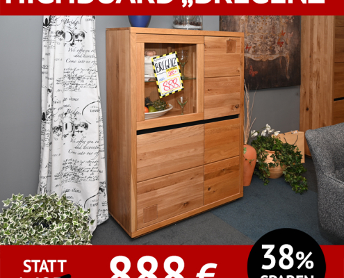 Wohnzimmerschränke Highboard BRENENZ, Wildeiche massiv, Roheffekt geölt, schwarze und Hirnholz-Applikation