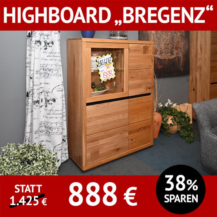 Wohnzimmerschränke Highboard BRENENZ, Wildeiche massiv, Roheffekt geölt, schwarze und Hirnholz-Applikation