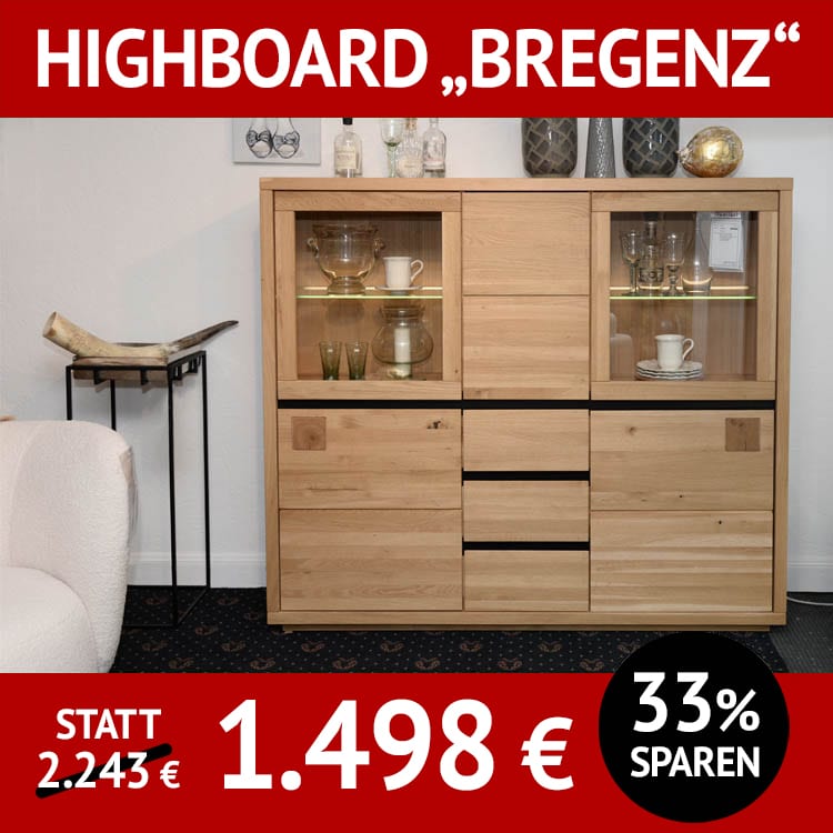 Wohnzimmerschränke BREGENZ, Highboard aus massiver Wildeiche, Roheffekt geölt mit Hirnholzapplikationen
