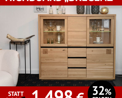 Wohnzimmerschränke BREGENZ, Highboard aus massiver Wildeiche, Roheffekt geölt mit Hirnholzapplikationen