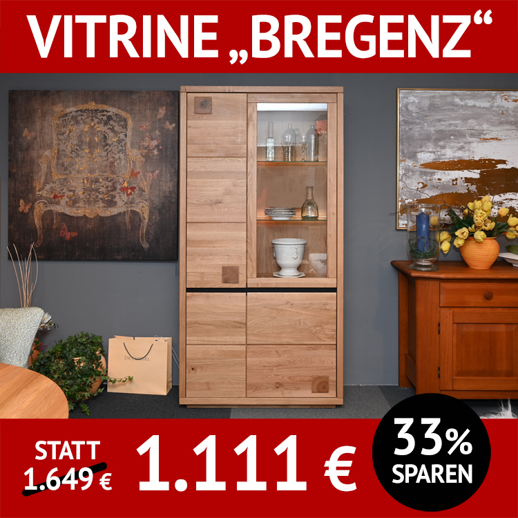 Wohnzimmerschränke Vitrine BRENENZ, Wildeiche massiv, Roheffekt geölt, schwarze und Hirnholz-Applikation