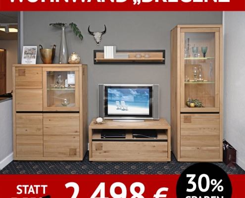 Wohnzimmerschränke Bregenz Wohnwand 4-teilig, Wildeiche massiv, incl. Beleuchtung