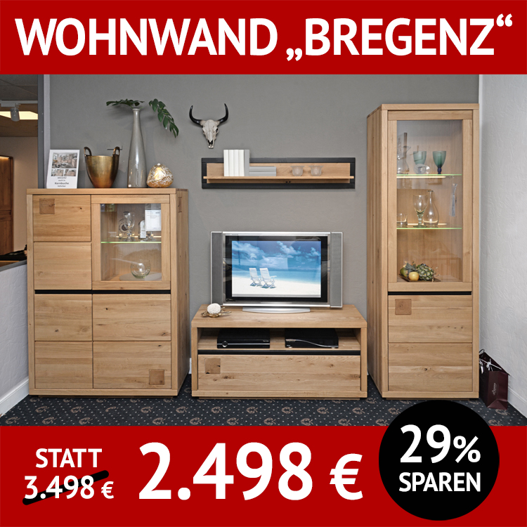 Wohnzimmerschränke Bregenz Wohnwand 4-teilig, Wildeiche massiv, incl. Beleuchtung