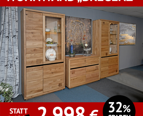 Wohnzimmerschränke Bregenz Wohnwand 3-teilig, Wildeiche massiv, incl. Beleuchtung