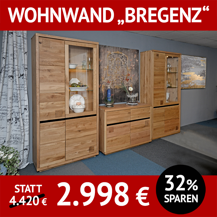 Wohnzimmerschränke Bregenz Wohnwand 3-teilig, Wildeiche massiv, incl. Beleuchtung