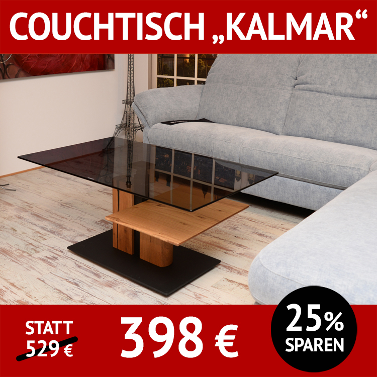 Couchtisch KALMAR ist höhenverstellbar, Fuß in Eiche massiv und Tischplatte aus Glas