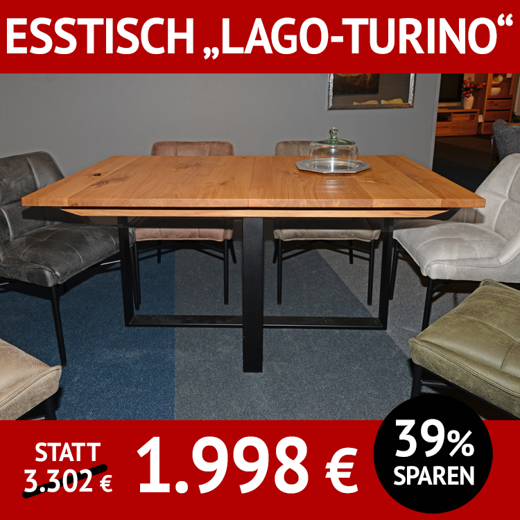Esstisch LAGO-TURINO. ausziehbar, Ureiche massiv und Rohstahl-Untergestell, schwarz pulverbeschichtet