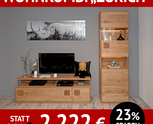 Wohnzimmerschränke ZÜRICH, Wildeiche massiv, Roheffekt geölt, TV-Lowboard und schmale Vitrine