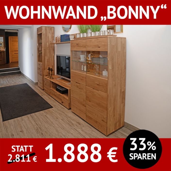 Wohnzimmerschränke BONNY, komplette Wohnwand, komplette Wohnwand mit Beleuchtung aus Wildeiche, massiv. Natur geölt