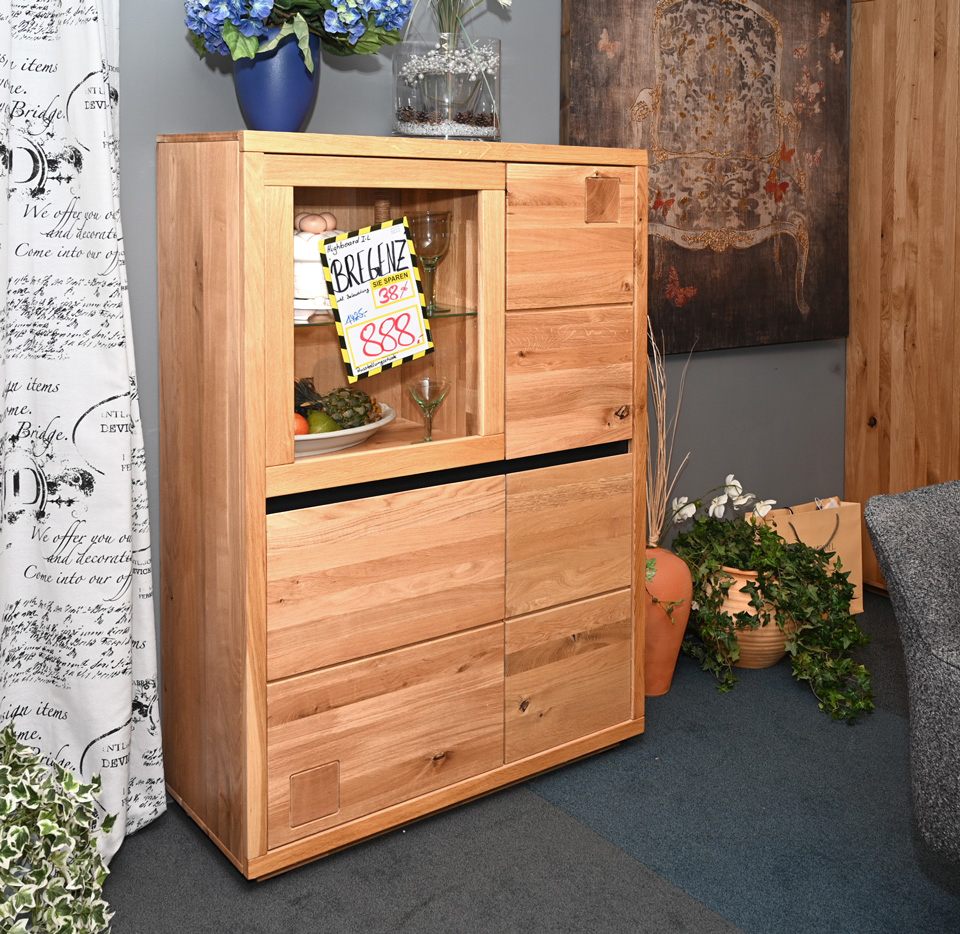 Wohnzimmerschränke Highboard BRENENZ, Wildeiche massiv, Roheffekt geölt, schwarze und Hirnholz-Applikation Wohnzimmerschränke Highboard BRENENZ, Wildeiche massiv, Roheffekt geölt, schwarze und Hirnholz-Applikation