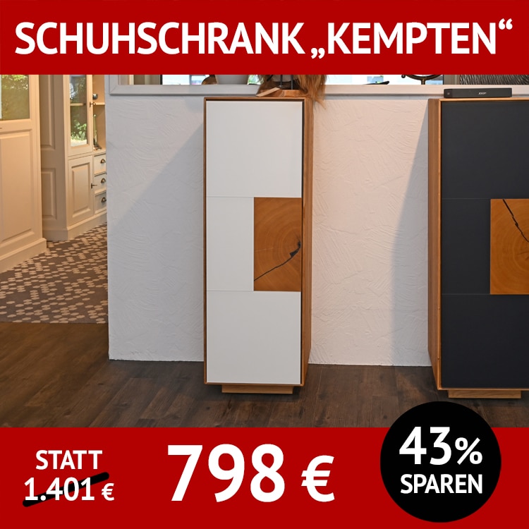 Garderobe KEMPTEN, Schuhschrank, Wildeiche, Glas weiß,