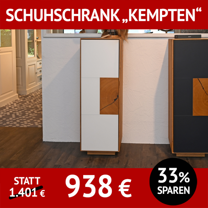 Garderobe KEMPTEN, Schuhschrank, Wildeiche, Glas weiß,