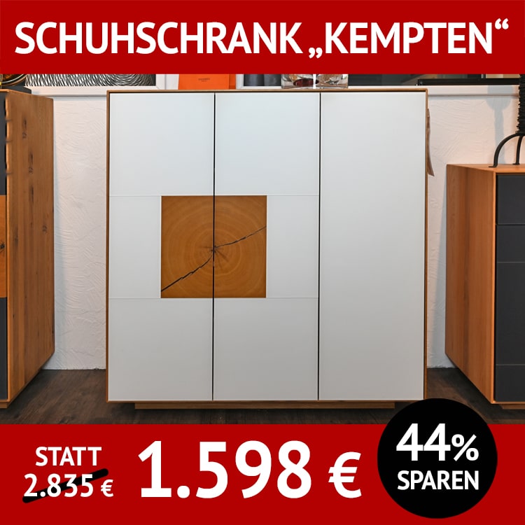 Garderobe KEMPTEN, Schuhschrank, Wildeiche, Glas weiß,