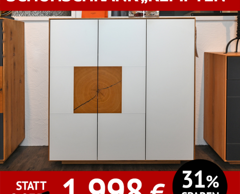 Garderobe KEMPTEN, Schuhschrank, Wildeiche, Glas weiß,