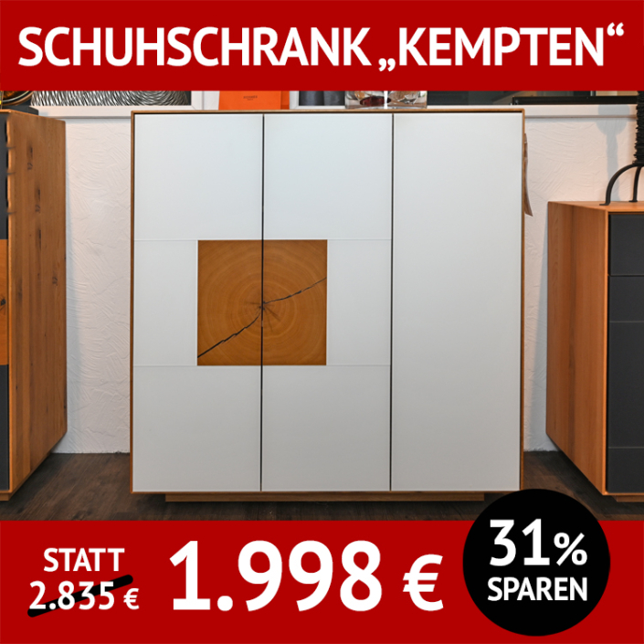 Garderobe KEMPTEN, Schuhschrank, Wildeiche, Glas weiß,