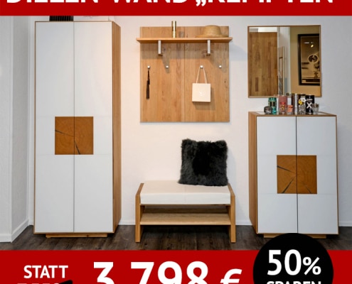 Garderobe KEMPTEN, komplette, 5-teilige Dielenmöblierung, Türen in mattem Weißglas mit Hirnholzapplikation, Wildeiche massiv