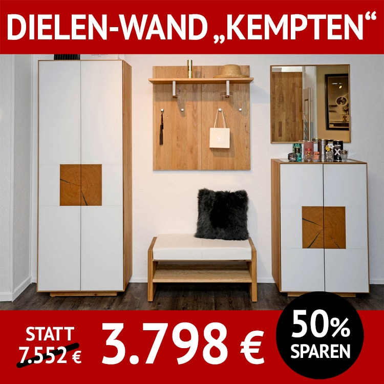 Garderobe KEMPTEN, komplette, 5-teilige Dielenmöblierung, Türen in mattem Weißglas mit Hirnholzapplikation, Wildeiche massiv