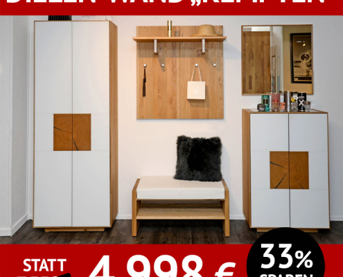 Garderobe KEMPTEN, Wildeiche, Glas weiß, Dielenschrank, Bank, Garderobenelement, Spiegel, Sammlerschrank