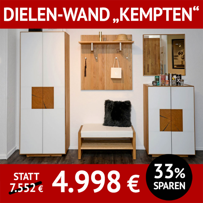 Garderobe KEMPTEN, Wildeiche, Glas weiß, Dielenschrank, Bank, Garderobenelement, Spiegel, Sammlerschrank