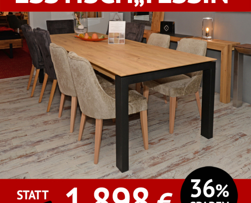 Esstisch TESSIN, Wildeiche massiv, Roheffekt geölt, mit 2 Klappeinlagen