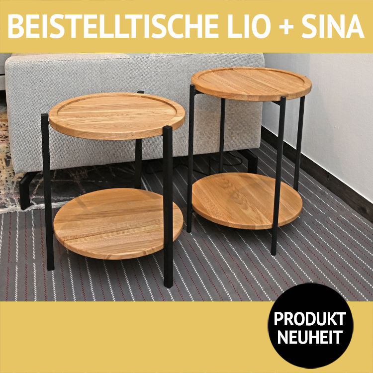 Beistelltisch LIO + SINA, massive Wildeiche und schwarzes Metall, rund mit Ablageboden.