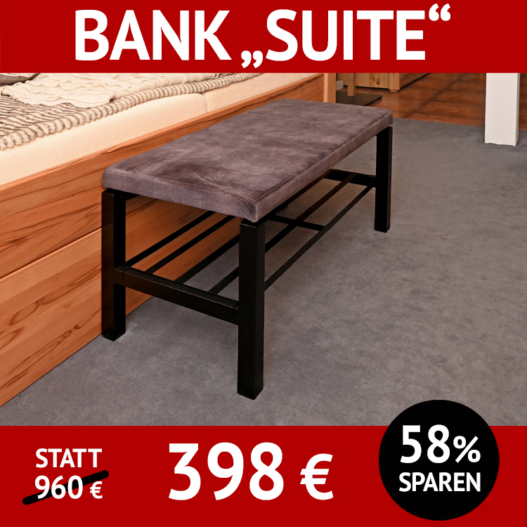 Bank SUITE, gepolstert und mit Ablagerost