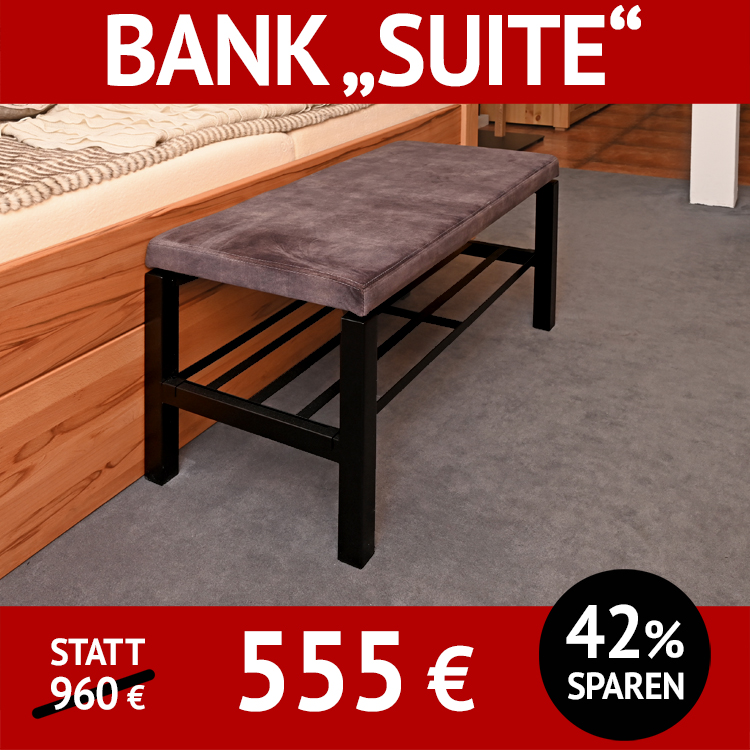 Bank SUITE, gepolstert und mit Ablagerost