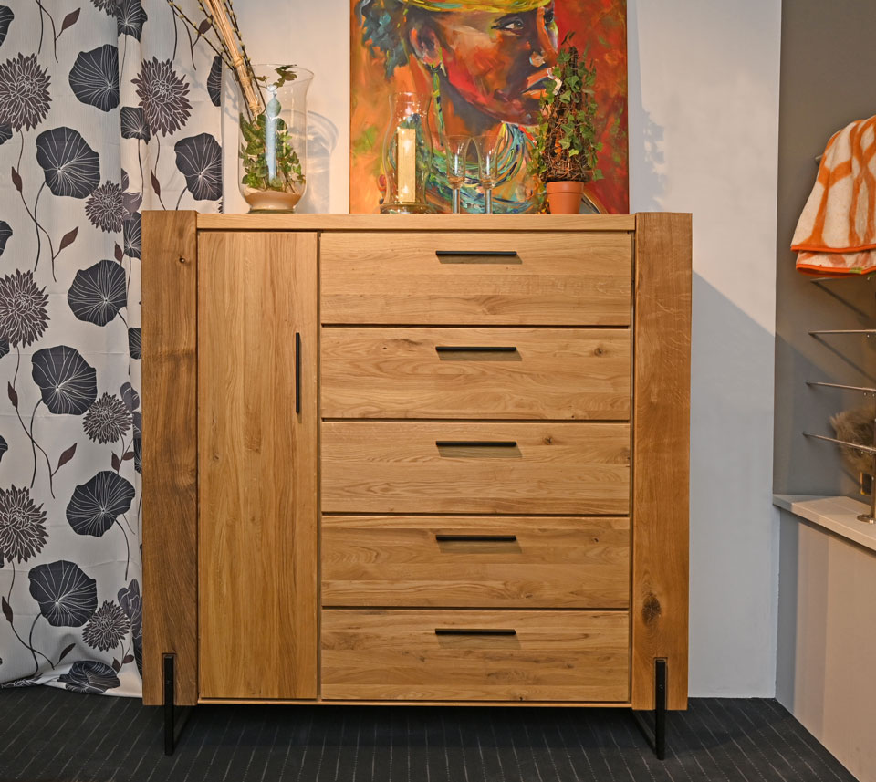 Wohnzimmerschränke TIMBER, Highboard mit 5 Schubladen, Wildeiche massiv Wohnzimmerschränke TIMBER, Highboard mit 5 Schubladen, Wildeiche massiv