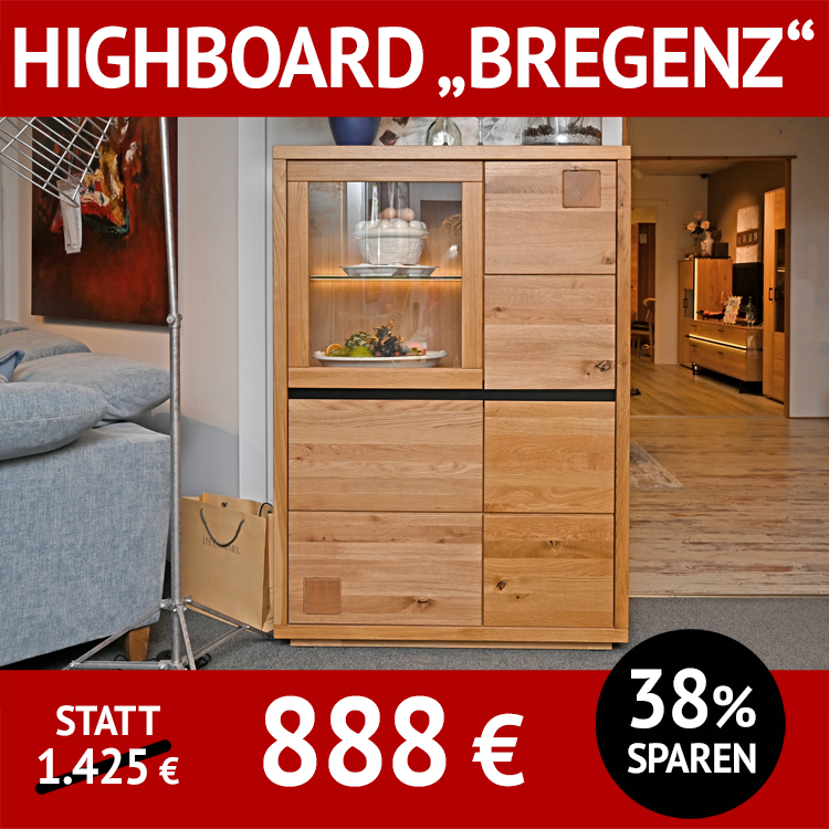 Wohnzimmerschränke: BREGENZ Highboard, Wildeiche massiv mit schwarzen und Hirnholzapplikationen